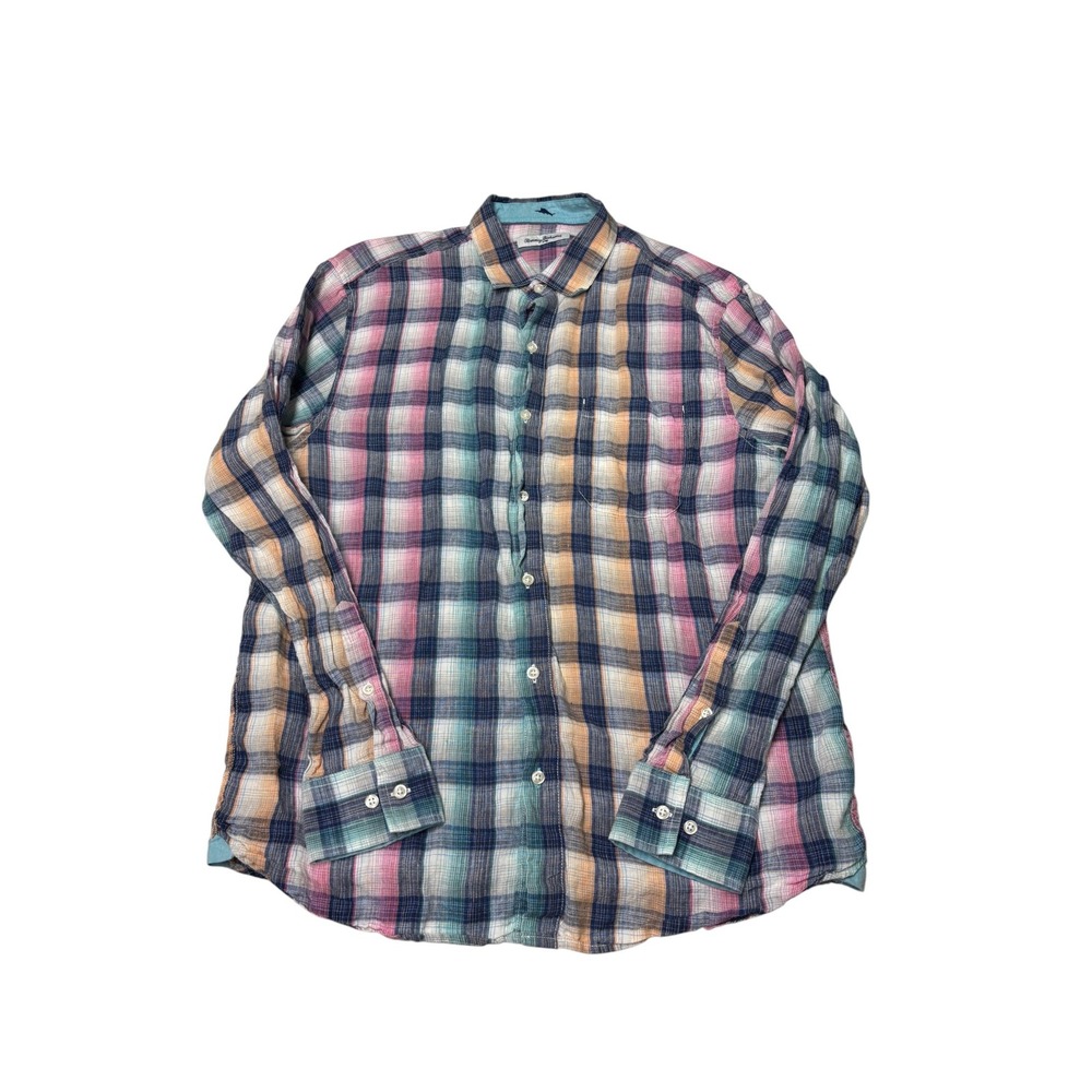 Tommy Bahama Mens L 100% Linen Plaid Button Down Shirt Multi-Color Long Sleeve